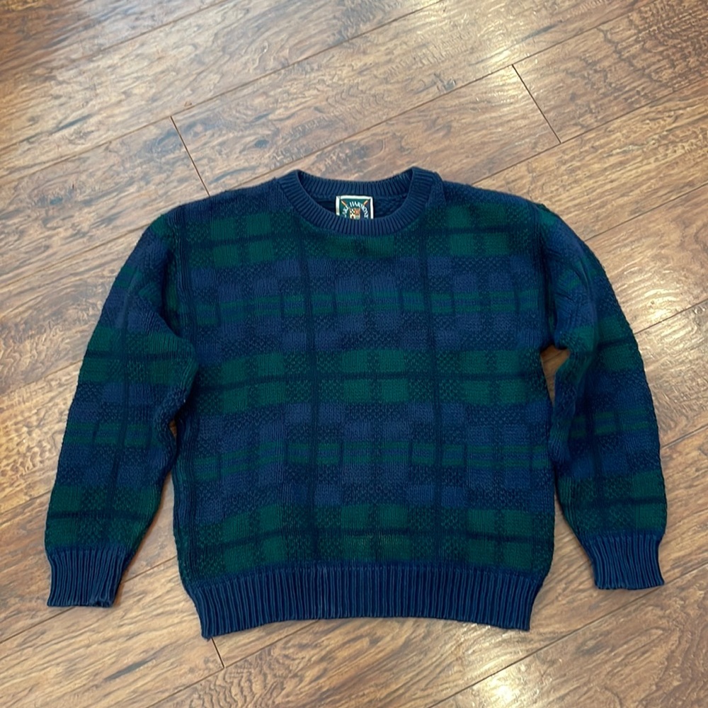 Vintage 90s Plaid Chunky Knit Cotton Sweater Green Blue Oversized Made in USA M